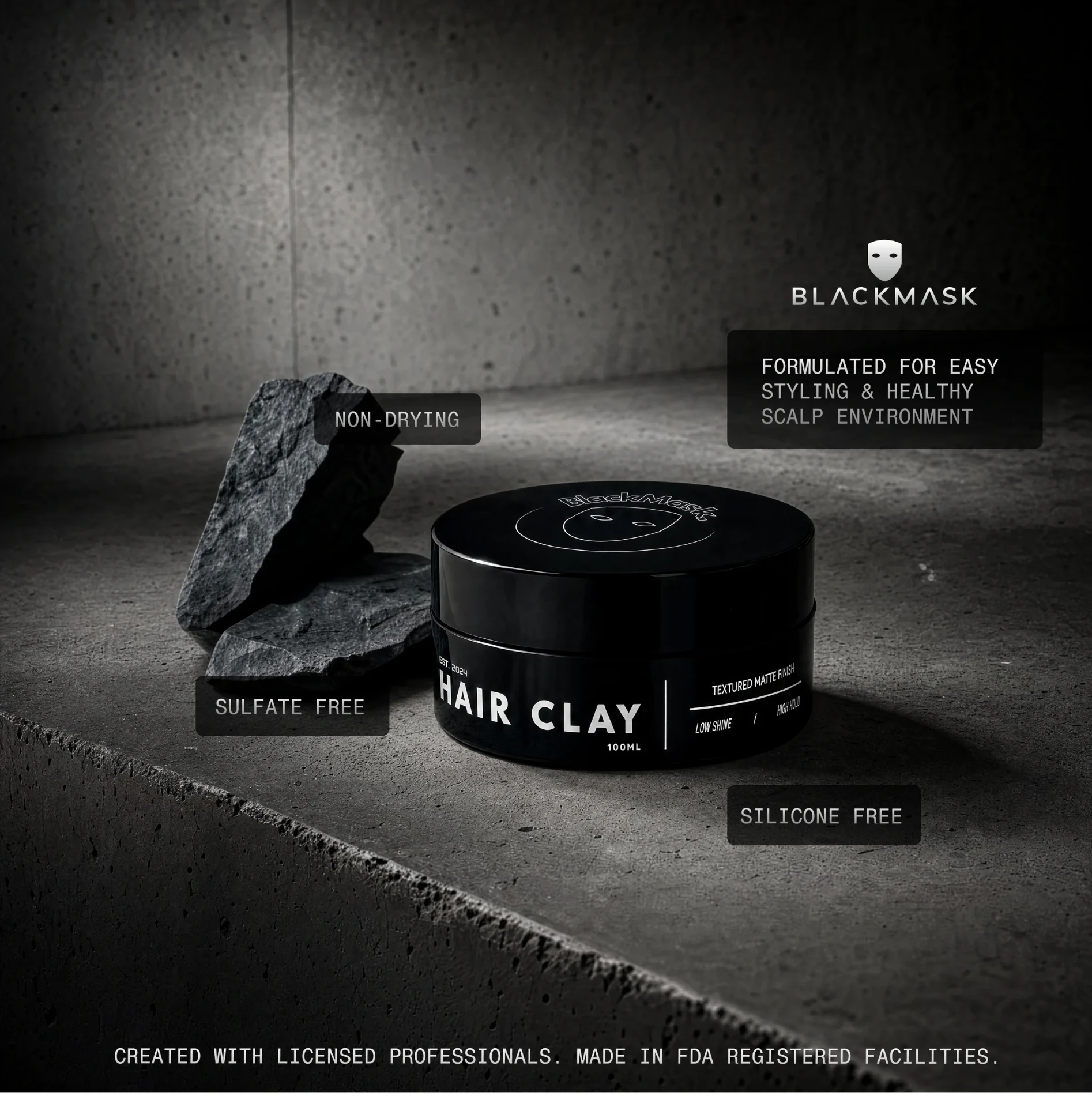 BLACKMASK Hair Clay 2.0 jar with a textured matte finish