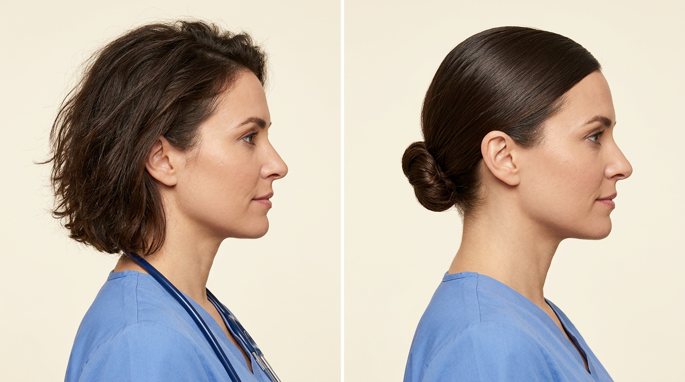 A female healthcare professional before and after styling her hair flat and neatly tied back