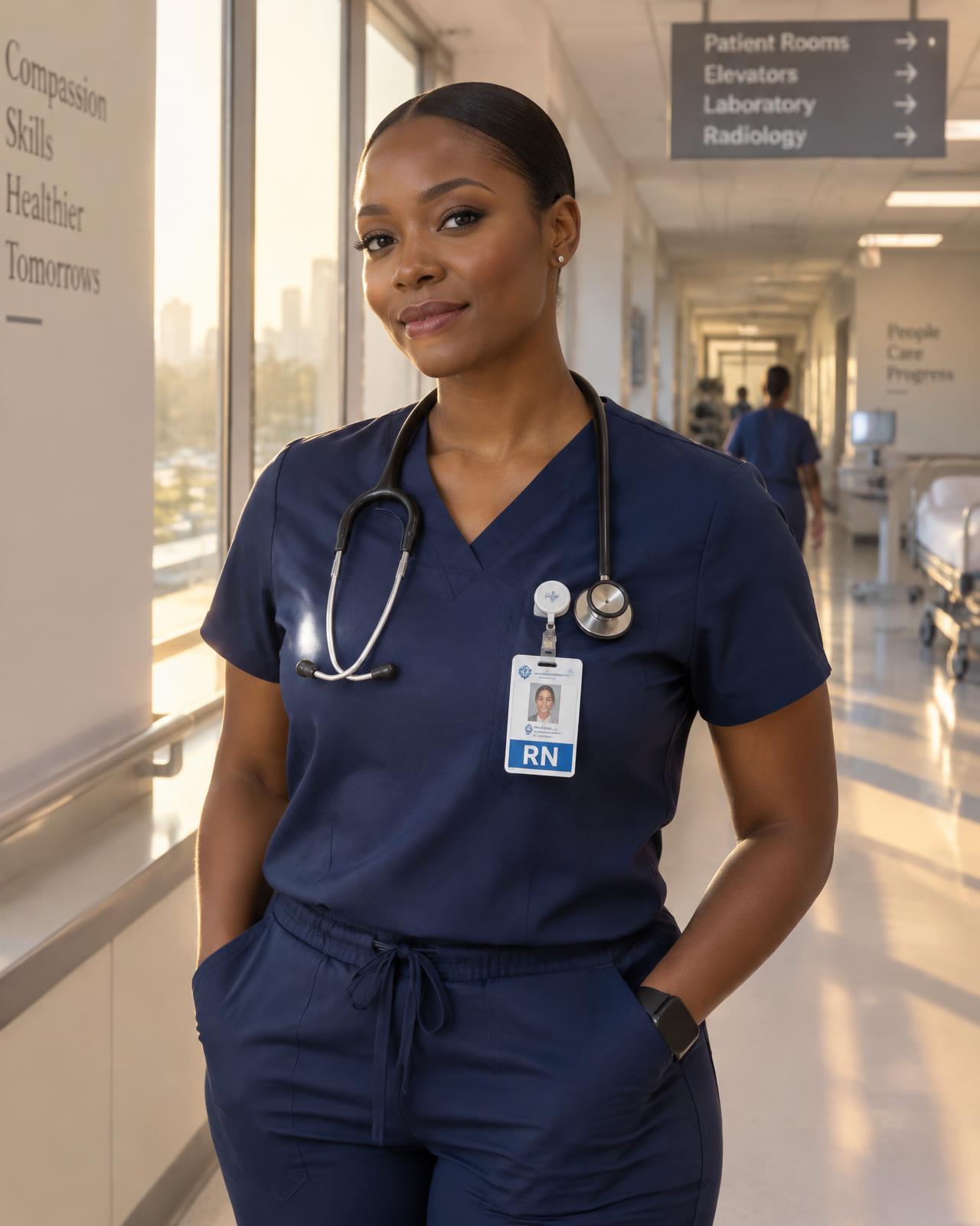 A nurse with sleek, flat-styled hair beginning an early hospital shift