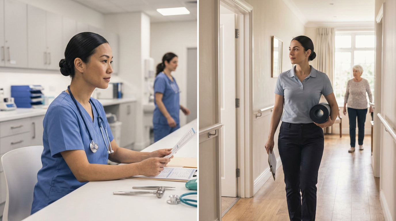 A nurse and a care professional with neat, flat, tied-back hair